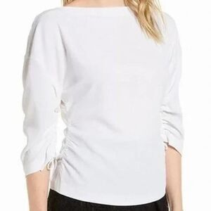 Lewit Long Sleeve Ruched Blouse Cinch Bateau Boat Neck Top White Medium Crepe